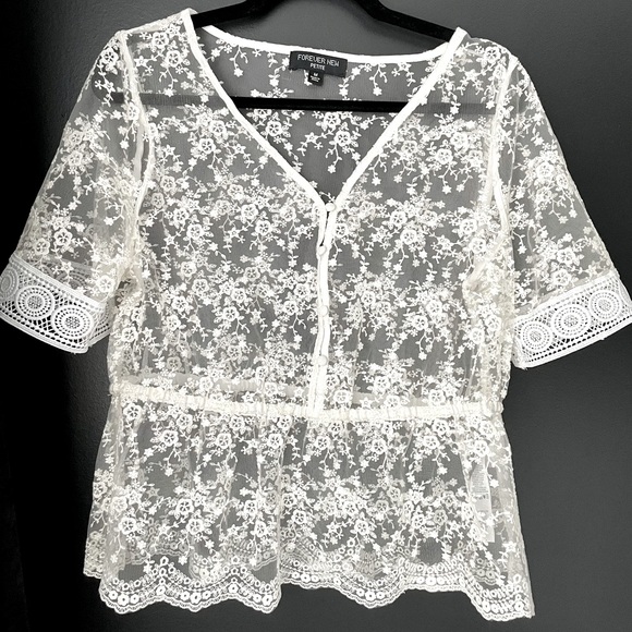 ASOS Lace synched waist white floral bohemian blouse size M - Picture 7 of 9